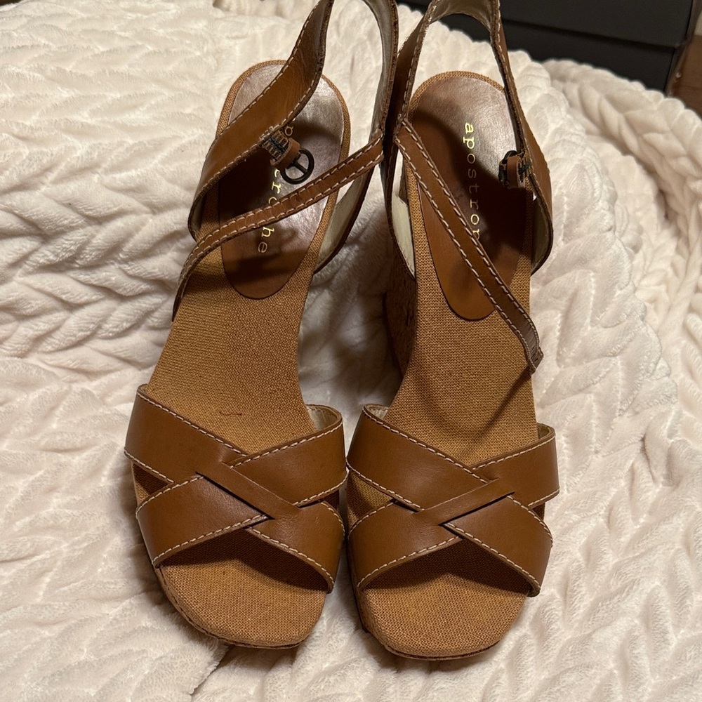 Apostrophe Tan Cork Wedge Sandals with Ankle Strap - Picture 2 of 8